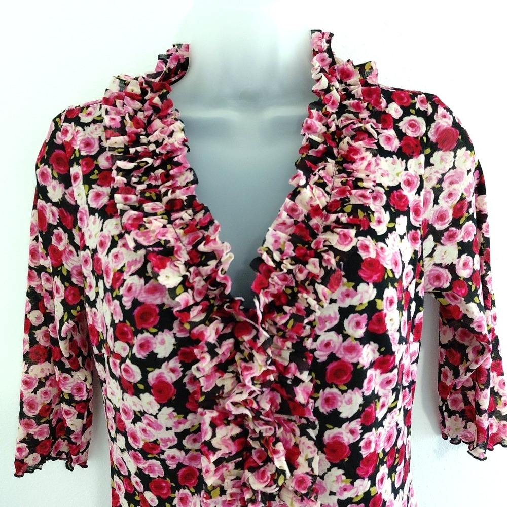 VTG Y2K 90s Zinc Mesh Dress XS/S Pink Red Floral Fairy Romantic Stretch Ruffle‎ - Picture 4 of 13
